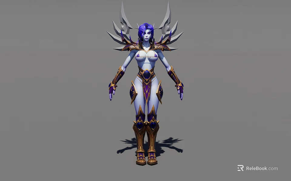 Fantasy Game Movie Character With Purple Hair Spiked Wings White Skin And Purple Gold Armor 3d model 