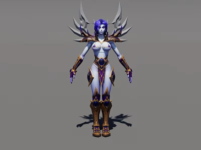 Fantasy Game Movie Character With Purple Hair Spiked Wings White Skin And Purple Gold Armor 3d model