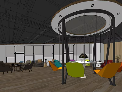 Modern Leisure Area Interior Design With Colorful Swing Chairs Sofas Large Windows And Wooden Floor 3d model