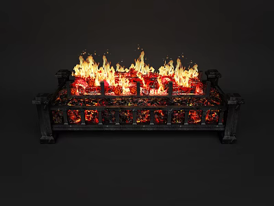 Black Metal Fireplace with Burning Flames and Red Embers in Decorative Frame on Dark Background 3d model