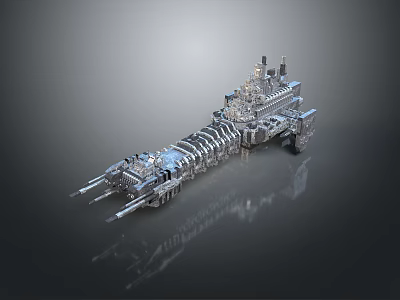 Metallic Warship Model Featuring Intricate Mechanical Structure Turret Details And Reflective Surface 3d model