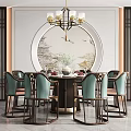 Chinese Style Round Dining Table Set With Green Chairs And Circular Artwork 3d model