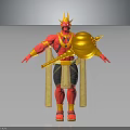 Golden Horned Red Skinned Mythical Character Creature Standing With Flowing Sashes Holding Golden Hammer