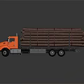 Orange Truck Transporting Fresh Wood Logs Loaded With Bundled Timber On Trailer