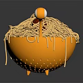 Cartoon Monster Shaped Spaghetti Noodles in Yellow Bowl with Googly Eyes and Red Tomato Pieces