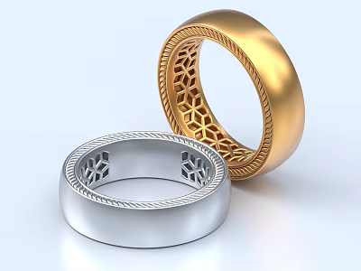 Elegant Gold And Silver Jewelry Rings With Intricate Hollow Patterns And Braided Edges 3d model