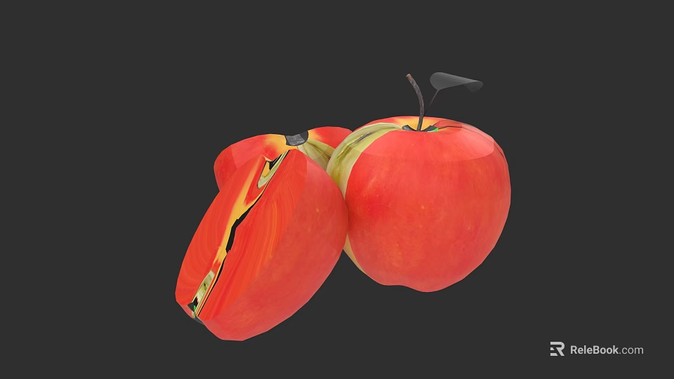 Fresh Juicy Red Apples Whole and Sliced on Dark Background 3d model 
