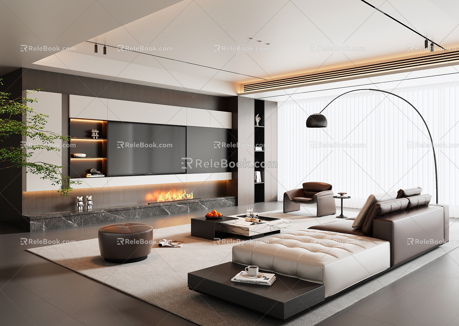 Modern Italian Style Living Room Italian Style Light Luxury Living Room Leather Sofa TV Background Wall Sofa Coffee Table Combination Horizontal Hall Floor Lamp Leisure Chair Italian Style Coffee Table 3d model