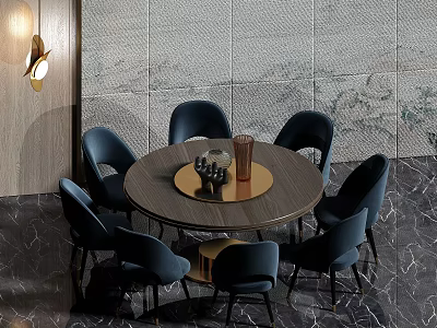 Round Dining Table With Navy Blue Chairs Decorative Items Textured Wall And Gold Wall Lamp 3d model