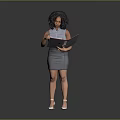 Professional Woman Holding Open Folder In Blue Shirt And Gray Skirt With White High Heels