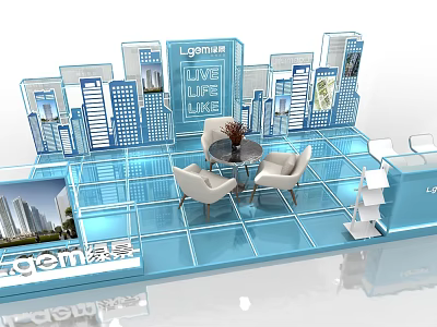Modern Blue Exhibition Booth With Glass Structures Display Shelves And Seating Furniture 3d model