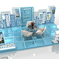 Modern Blue Exhibition Booth With Glass Structures Display Shelves And Seating Furniture