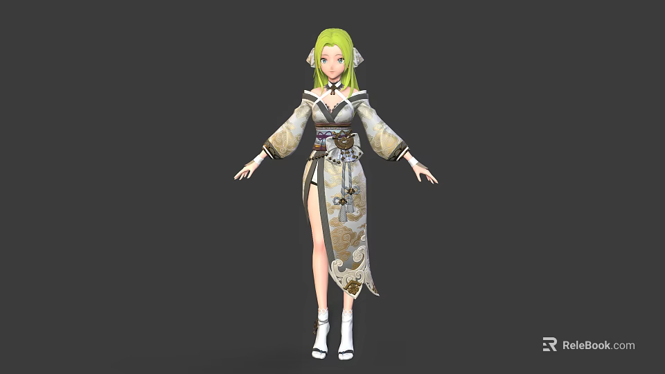 Anime Fantasy Character With Green Hair And Patterned Kimono Outfit White Boots 3d model 