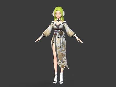 Anime Fantasy Character With Green Hair And Patterned Kimono Outfit White Boots 3d model