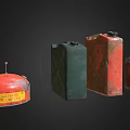 Vintage Colored Metal Fuel Cans With Gas Label Different Sizes And Designs