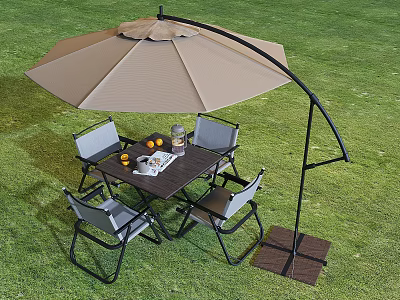 Outdoor Garden Table And Chairs Set With Umbrella And Fruits On Grass 3d model