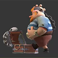 Pirate Game Character With Red Beard Yellow Hat Holding Cannonball And Open Treasure Chest