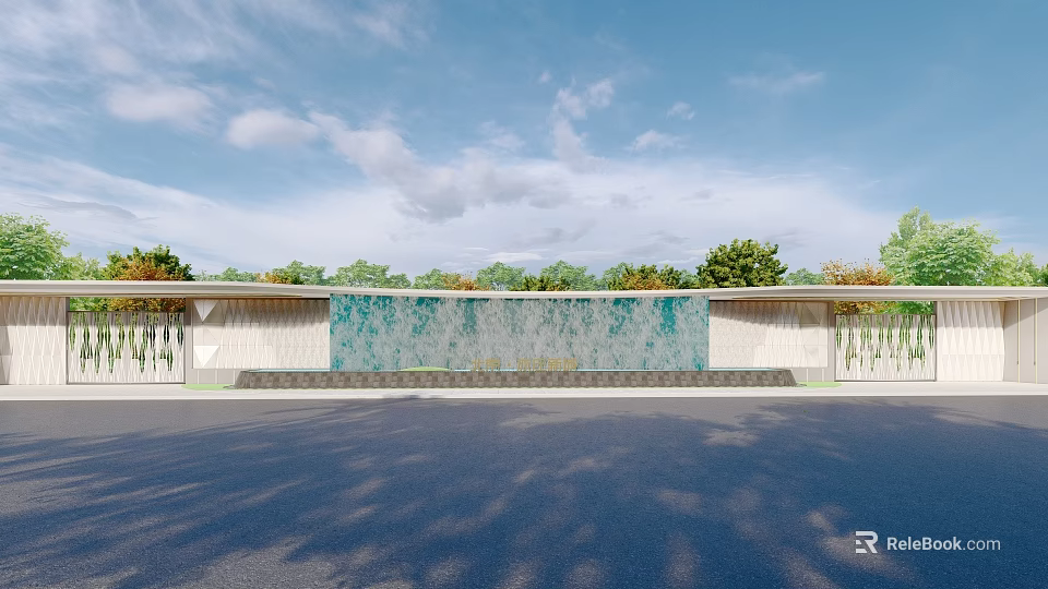 Modern Entrance Gate Design With Large Decorative Water Wall And Surrounding Greenery 3d model 
