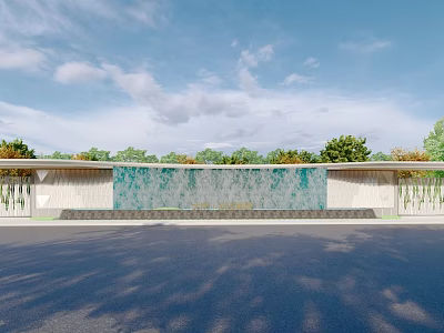 Modern Entrance Gate Design With Large Decorative Water Wall And Surrounding Greenery 3d model
