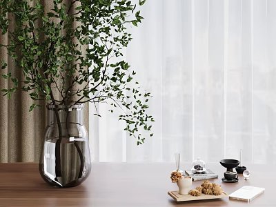 Decorative Clear Glass Vase With Green Foliage On Wooden Table By Window Curtains 3d model