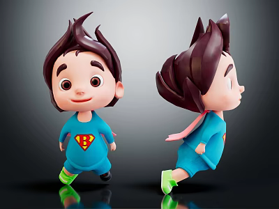 3D Cartoon Characters With Blue Outfit Red Superhero Logo Dynamic Running Pose Front Side Views 3d model