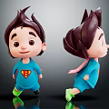 3D Cartoon Characters With Blue Outfit Red Superhero Logo Dynamic Running Pose Front Side Views
