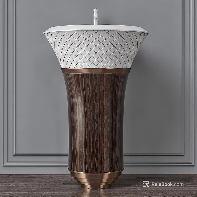 Sleek Wash Basin With White Diamond Patterned Top Dark Wood Grain Base And Metal Trim 3d model 