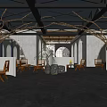 Modern Restaurant Interior With Wooden Tables Arch Decor And Green Plants