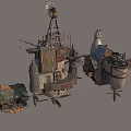 Floating Mechanical Airships With Steampunk Design And Metal Components In Blue Sky