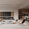 Modern Living and Dining Room Interior With Sofa Coffee Table TV Wall Bookshelves And Fireplace