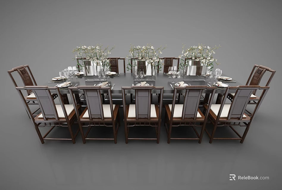 Long Dining Table Set with Wooden Chairs Floral Vases and Tableware 3d model