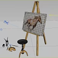 Wooden Art Easel Displaying Running Horse Painting with Stool Palette and Brushes