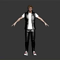 Man Wearing White T Shirt Gray Puffer Vest Gray Pants And Red Sneakers Arms Outstretched