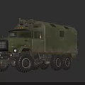 Green Military Style Truck With Multiple Wheels And Roof Mounted Equipment