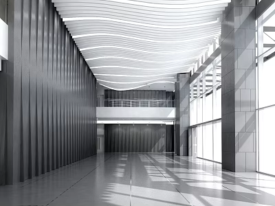 Modern Spacious Front Desk Reception With Wavy Ceiling Vertical Walls Glass Windows And Natural Light 3d model