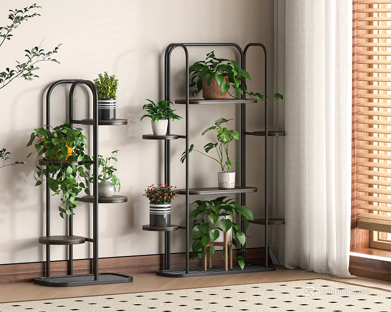 Black Metal Multi Tier Flower Stand for Indoor Plant Display with Green Plants 3d model 
