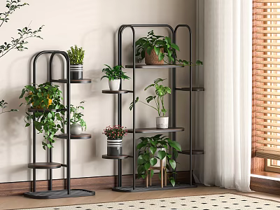 Black Metal Multi Tier Flower Stand for Indoor Plant Display with Green Plants 3d model