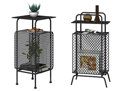 Black Metal Frame Mesh Side Tables With Storage Basket Decorative Plants Vases And Magazines 3d model