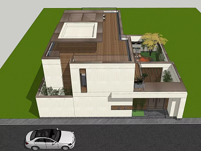Modern Detached Villa Exterior With White Walls Wooden Roof Terrace And Lawn 3d model