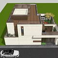 Modern Detached Villa Exterior With White Walls Wooden Roof Terrace And Lawn