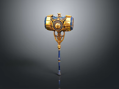 Ornate Golden And Blue Hammer Weapon With Circular Decorative Head And Intricate Handle Structure 3d model