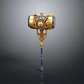 Ornate Golden And Blue Hammer Weapon With Circular Decorative Head And Intricate Handle Structure