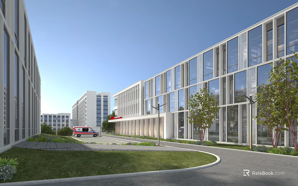 Modern Hospital Building Exterior With Glass Facade Green Lawn Trees Road And Clear Sky 3d model 