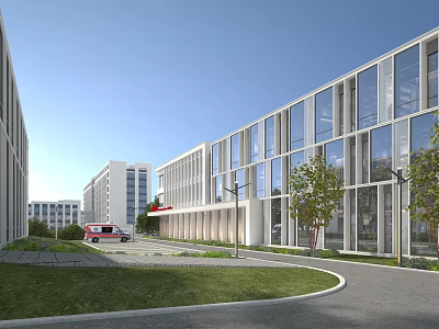 Modern Hospital Building Exterior With Glass Facade Green Lawn Trees Road And Clear Sky 3d model