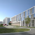 Modern Hospital Building Exterior With Glass Facade Green Lawn Trees Road And Clear Sky