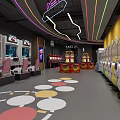 Arcade Playground Featuring Prize Redemption Area Shelves Filled With Prizes Neon Signs And Seating Tables