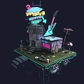Cartoon Scene With 24h Cafe Neon Sign Green Guitar Old House And Platform Steps
