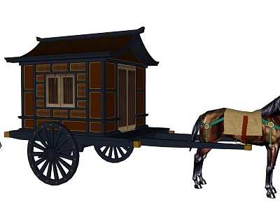 Traditional Japanese Style Horse Drawn Carriage with Brown Wooden Body Black Wheels and Roof 3d model