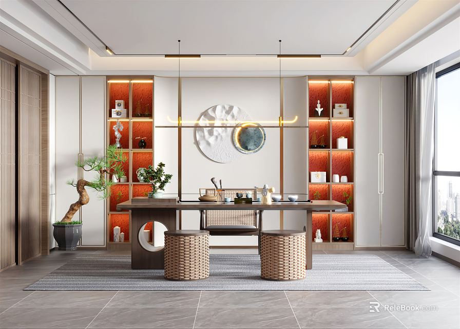 Traditional Chinese Tea Room Interior With Tea Table Wooden Bookshelves And Woven Stools 3d model 