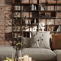 Living Room Interior Design With Sloped Wooden Ceiling Large Window Beige Sofa Pillows And Bookshelves